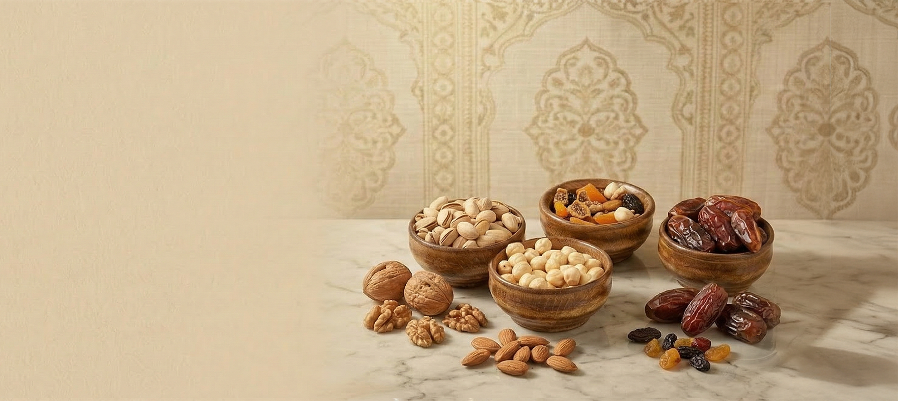 Bowls of nuts and dried fruits on a decorative background